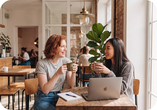 Startup founders discussing product strategy over coffee