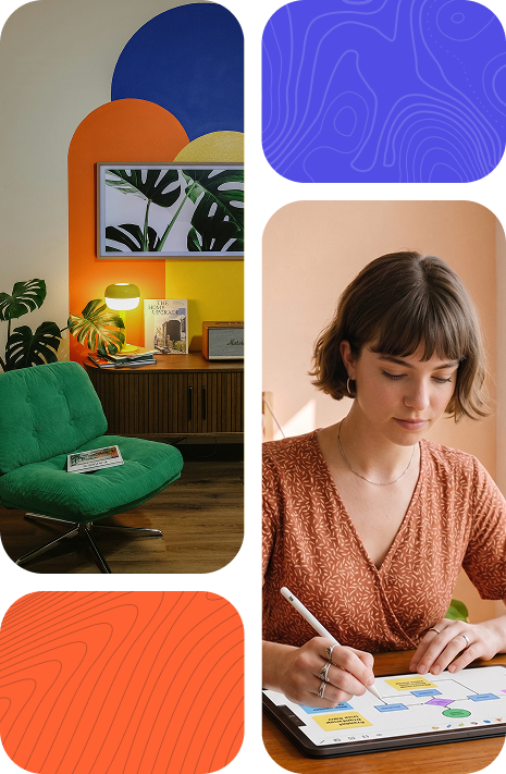 Creative workspace and designer mapping a digital product experience on a tablet