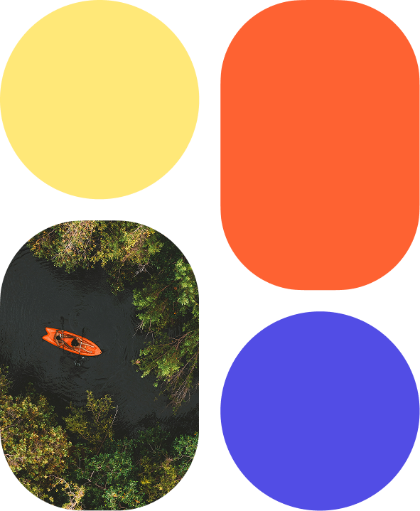 Aerial kayak and forest scene representing clarity and direction in UX design